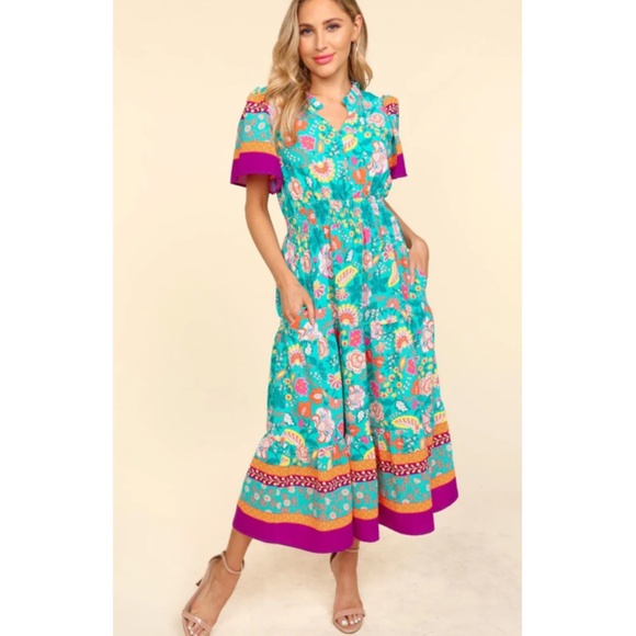 Mint Floral Smocked Waist Maxi with Pockets - Picture 2 of 4